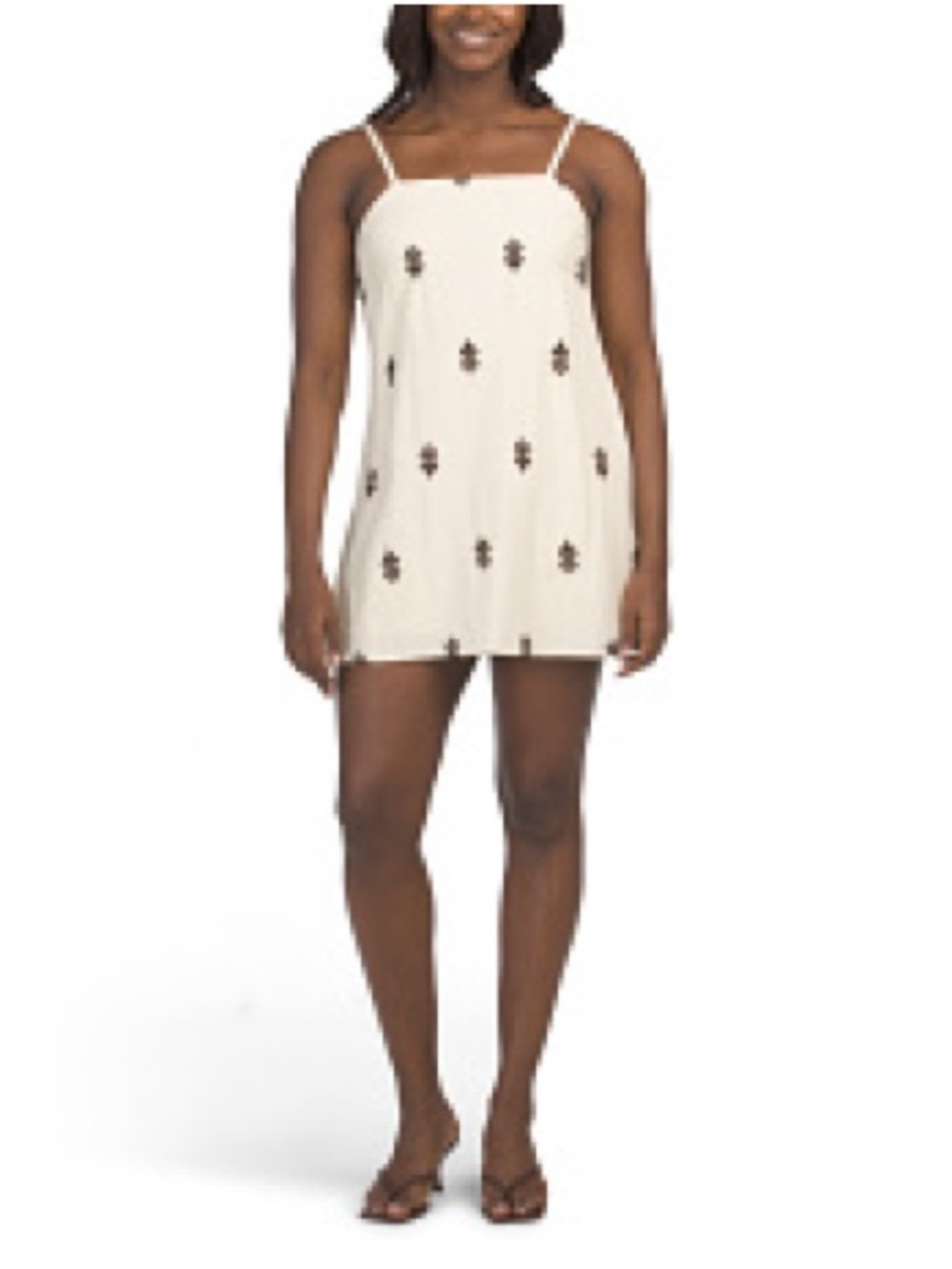 NWT Midnight Sky Linen Blend Cream Spaghetti Strap Dress Black Embroidery